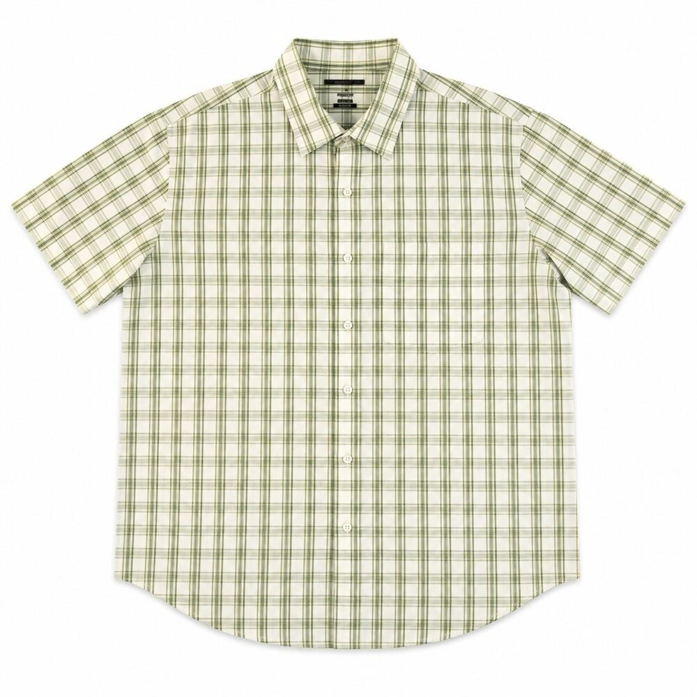 Van Heusen Studio Men's Green White Plaid Short Sleeve Woven Button-Up L Pockets
